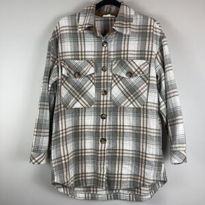 THML Jacket Shacket Women Small Green Brown Plaid Button Pocket Flannel Ranch